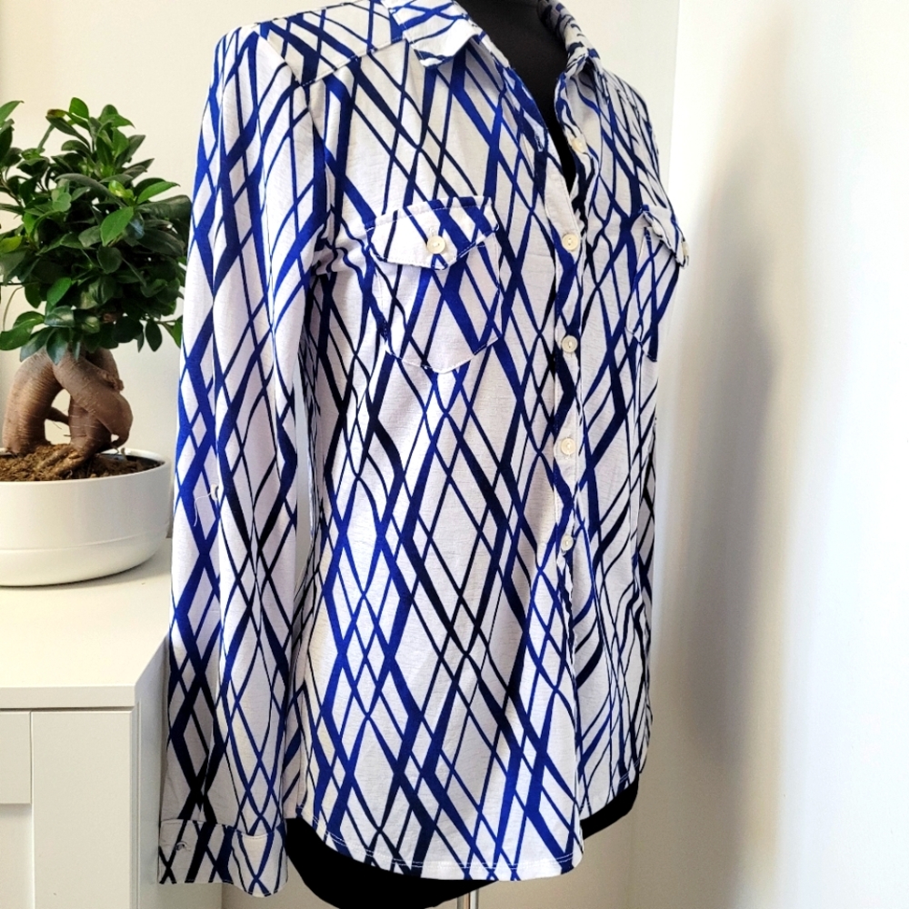 White Royal Blue Dress Shirt Blouse graphic print